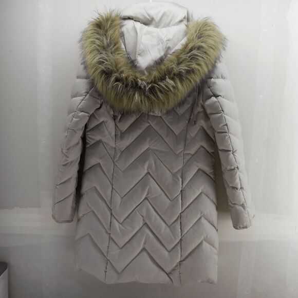 Kenneth Cole Reaction Down Puffer Coat Women’s Size Small Taupe Faux Fur Hood - Picture 3 of 7